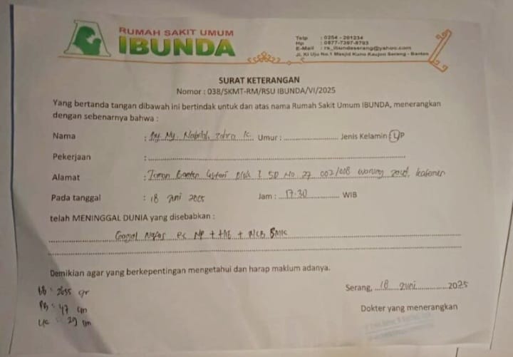 Diduga Tolak Tangani Karena Uang Muka, Bayi Meninggal Dunia Di RS Bunda Serang