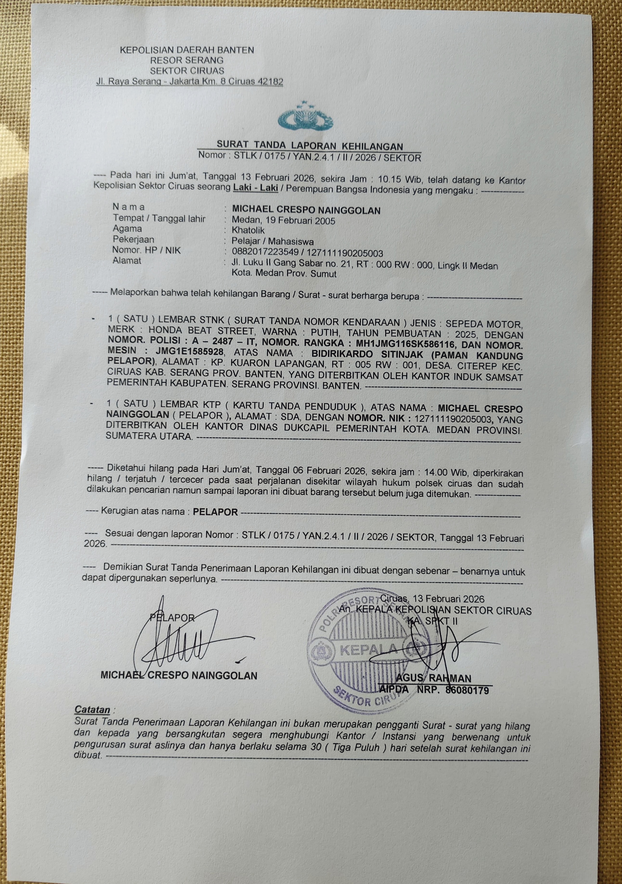 Telah Kehilangan STNK Motor: Bagi Yang Menemukan Diminta Hubungi Pemilik