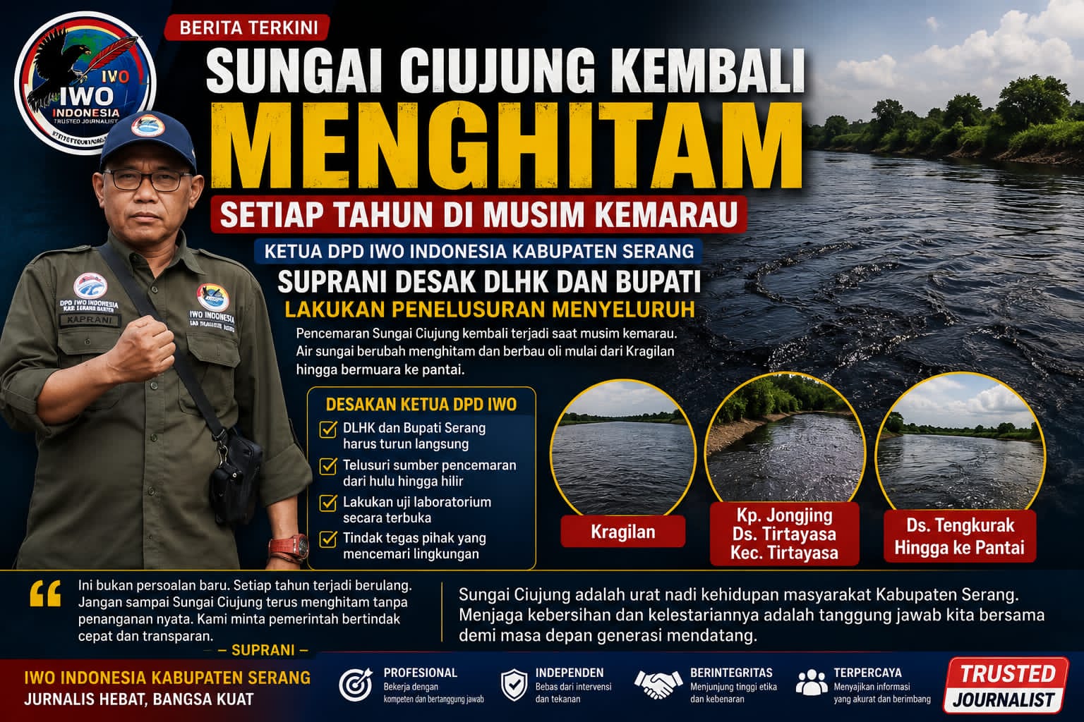 Sungai Ciujung Kembali Menghitam Saat Musim Kemarau, Ketua DPD IWO Indonesia Kabupaten Serang Desak DLHK dan Bupati Bertindak Cepat