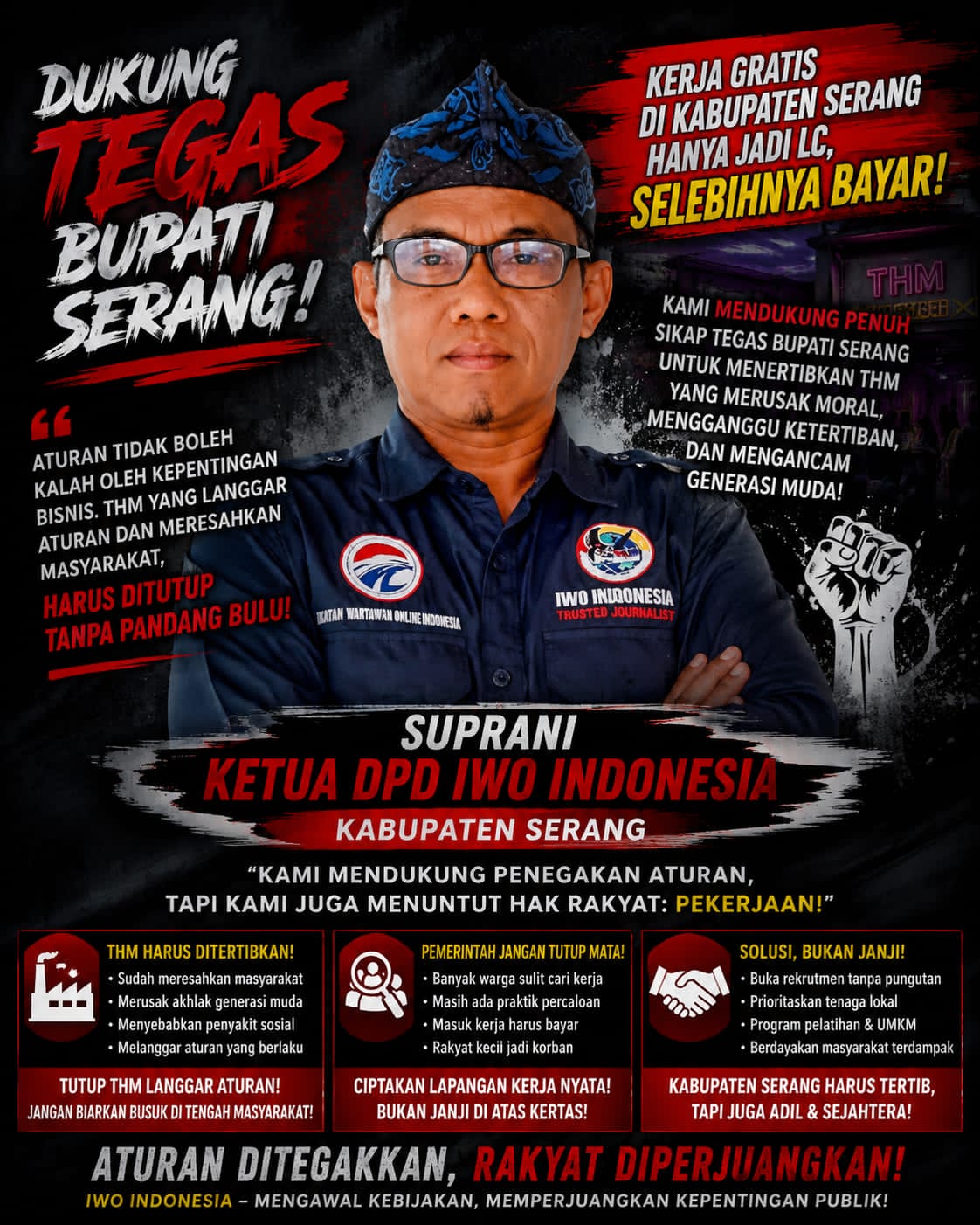 Ketua DPD Ikatan Wartawan Online (IWO) Indonesia Kabupaten Serang, Suprani, menegaskan dukungan penuh terhadap langkah tegas Bupati