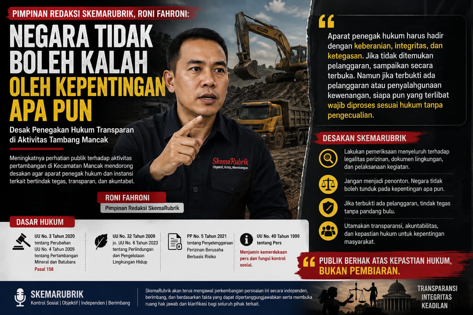 Tim Redaksi SkemaRubrik Desak Penegakan Hukum Transparan atas Aktivitas Tambang Mancak: “Negara Tidak Boleh Kalah oleh Kepentingan Apa Pun”