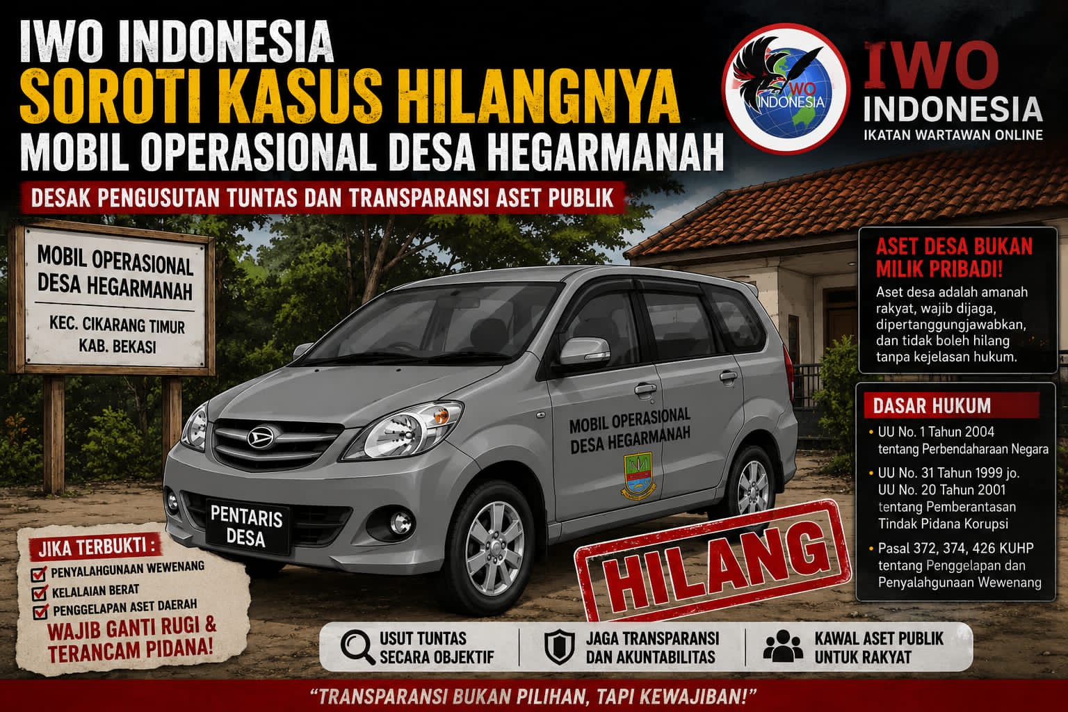 IWO Indonesia Soroti Hilangnya Mobil Operasional Desa Hegarmanah: Jangan Sampai Aset Publik Raib Tanpa Pertanggungjawaban
