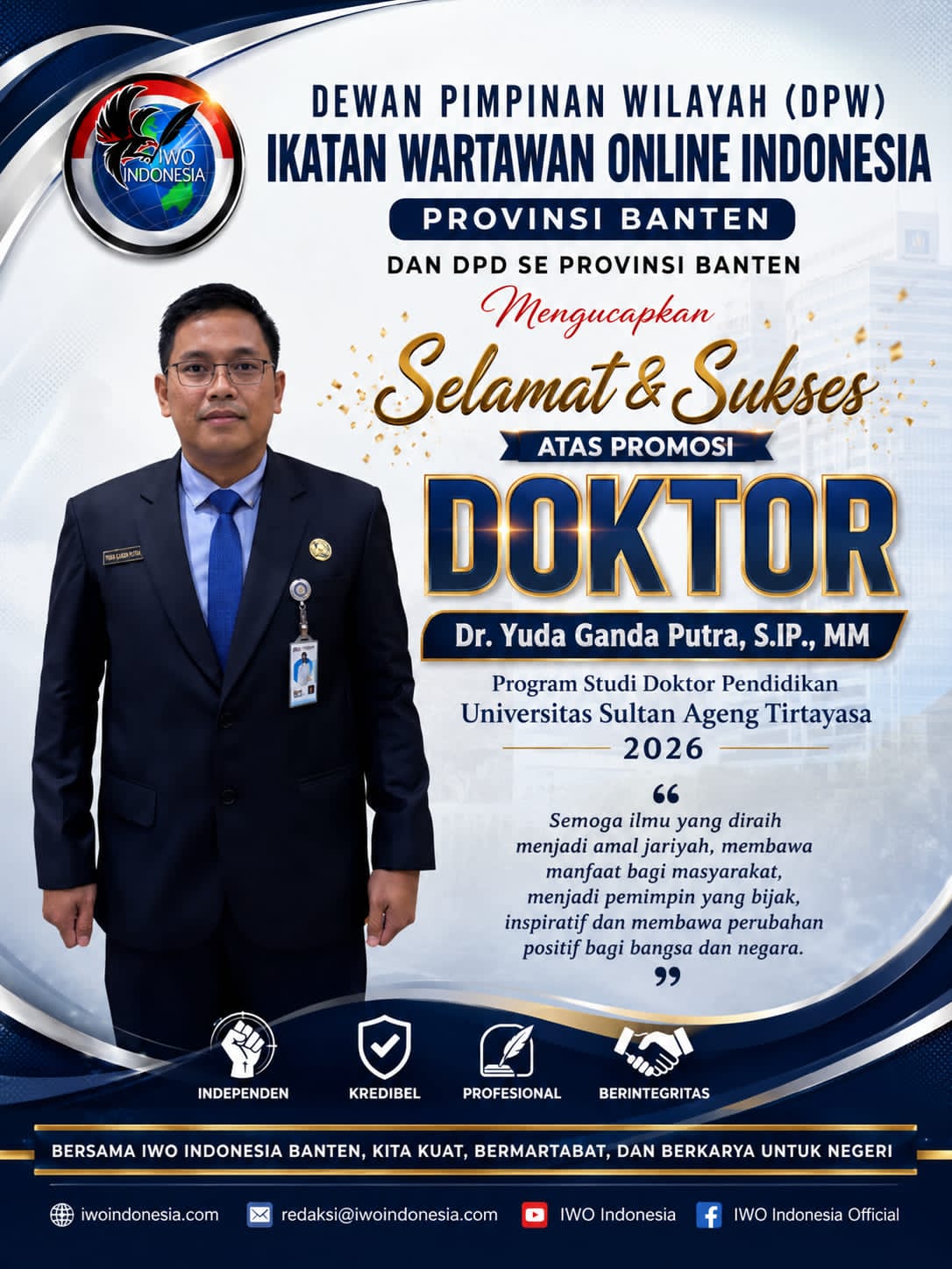 Resmi Sandang Gelar Doktor, Pembina DPW IWO Indonesia Dr. Yuda Ganda Putra Tegaskan Pentingnya Pers Berbasis Ilmu Pengetahuan dan Integritas